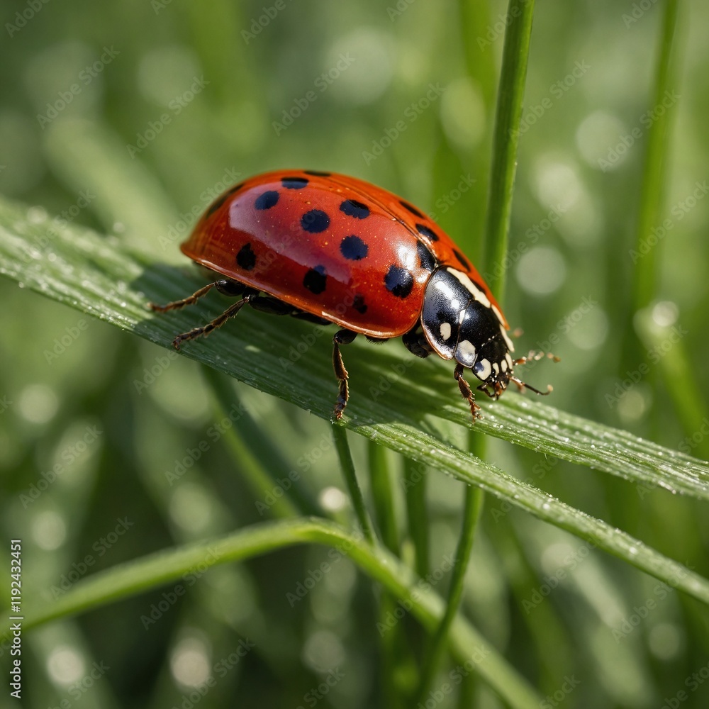 A vibrant red ladybug with distinctive black spots is delicately crawling along a slender green blade of grass. A vibrant red ladybug with distinctive black spots is delicately crawling along a slender green blade of grass.