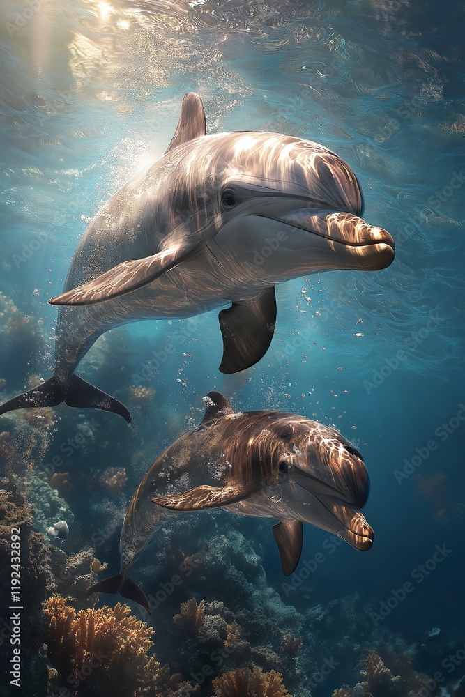 Fototapeta premium Two dolphins swim gracefully through a vibrant coral reef, showcasing the beauty of ocean life in crystal-clear waters. Generative AI
