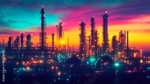 Night bright factory concept poster background. Night plant with pipes and towers with lights. Oil refineries and the petroleum industry. Heavy industry. Digital photo illustration. AI artwork. photo