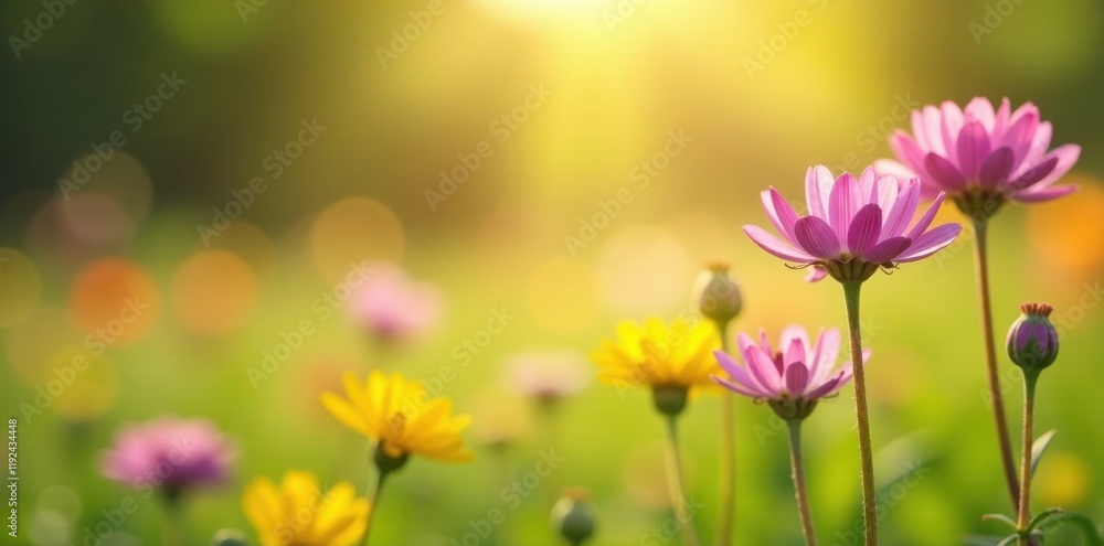 Fototapeta premium Serene Meadow of Blooming Flowers Bathed in Golden Sunlight, a Vibrant Display of Delicate Petals and Gentle Sunlight