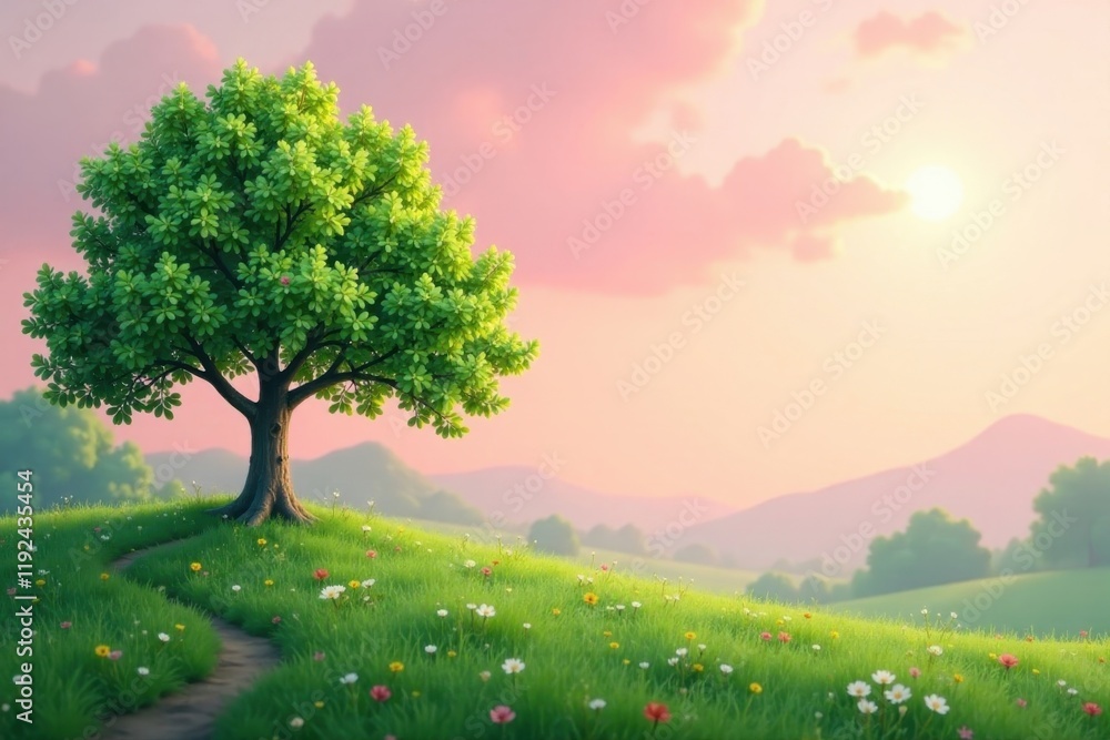 Fototapeta premium Serene Sunset Landscape Featuring a Single Tree on a Gently Rolling Hill with a Flower-Filled Meadow and a Winding Path