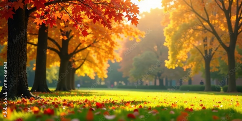 Golden Autumn Sunlight Illuminates Vibrant Fall Foliage in a Serene Park Setting Golden Autumn Sunlight Illuminates Vibrant Fall Foliage in a Serene Park Setting