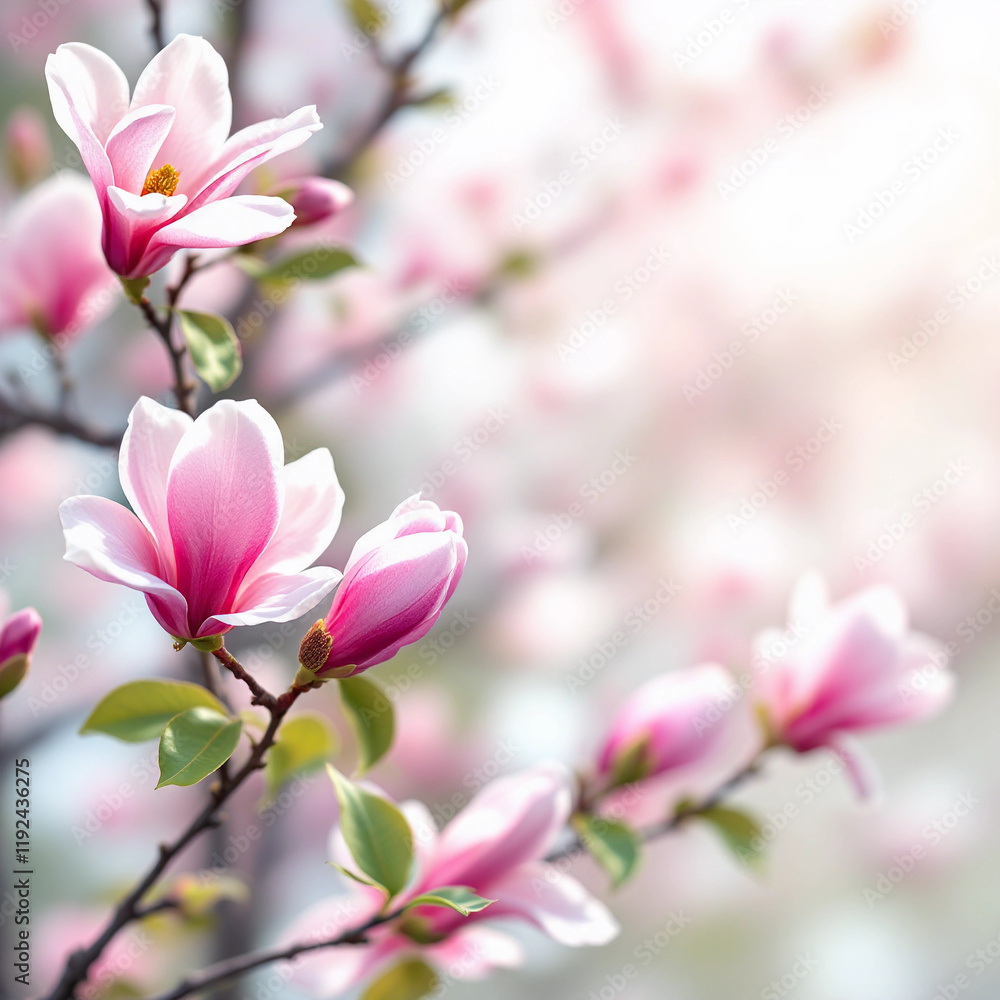 Fototapeta premium Vibrant spring bloom magnolia tree flowers. Perfect for spring backgrounds, banners, and textures with copyspace.