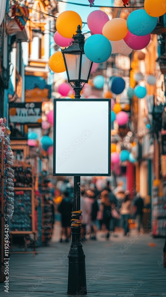 Obraz premium Blank Signboard on Street Lamp Post with Colorful Balloons and Blurred City Background.
