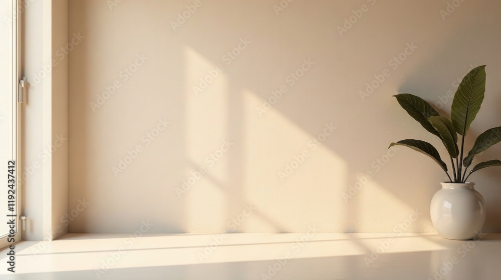 Fototapeta premium Serene Minimalist Interior with Sunlight Illuminating a Simple Room Featuring a Houseplant