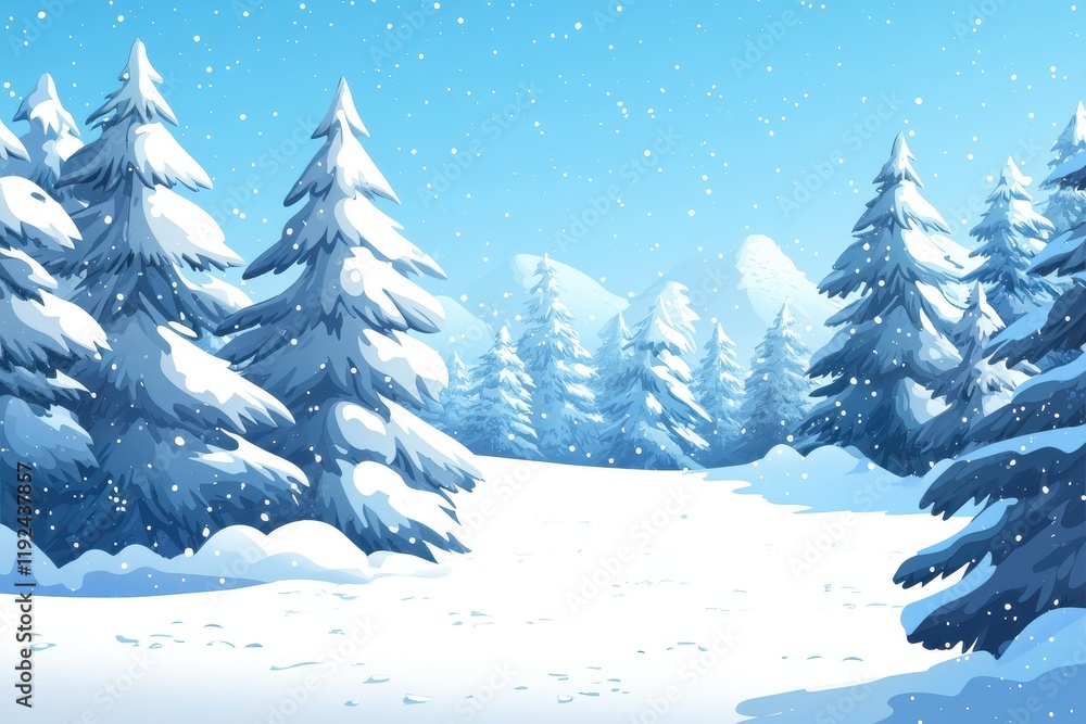 Fototapeta premium Snowy Winter Landscape with Cartoon Evergreen Trees and Falling Snow.
