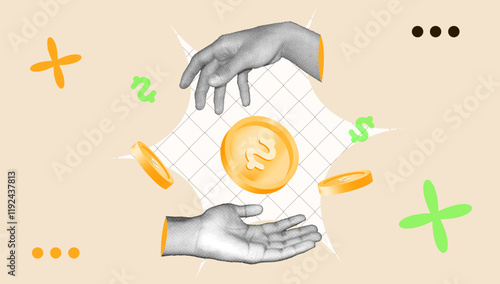 halftone collage trend, Financial exchange concept with hands trading, sharing .money, golden coins. investment, currency, or economic growth visuals. Creative modern design