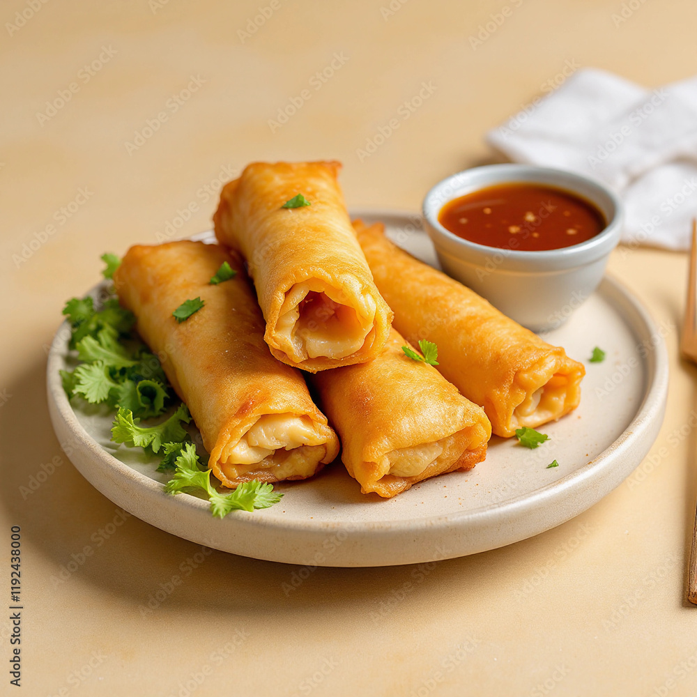 Golden crispy deep-fried spring rolls served with tangy sweet and sour sauce, beautifully arranged on a pastel beige background. Perfect for food blogs, menus, and Asian cuisine promotions. Golden crispy deep-fried spring rolls served with tangy sweet and sour sauce, beautifully arranged on a pastel beige background. Perfect for food blogs, menus, and Asian cuisine promotions.