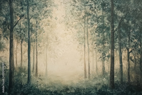 Impressionistic Forest Painting with Soft Haze and Textured Canvas, Moody Woodland Art