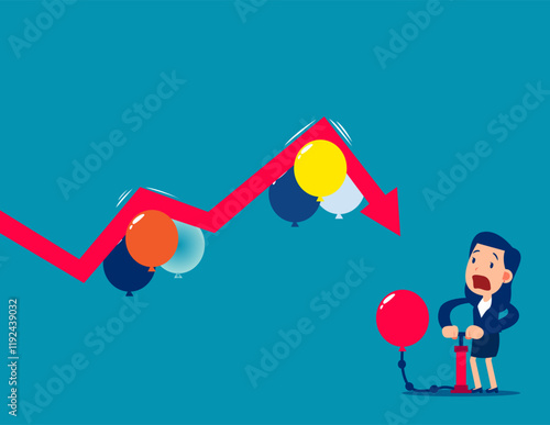 Vector of businesswoman pumping balloon to help falling graph