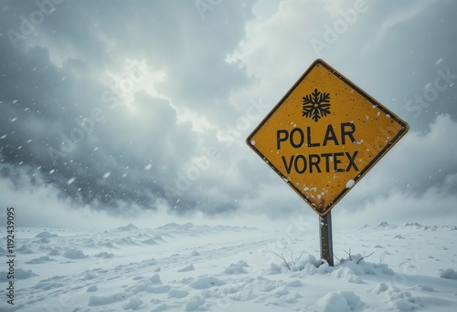 Warning sign in snowy landscape amidst a polar vortex, with swirling clouds and blowing snow. photo