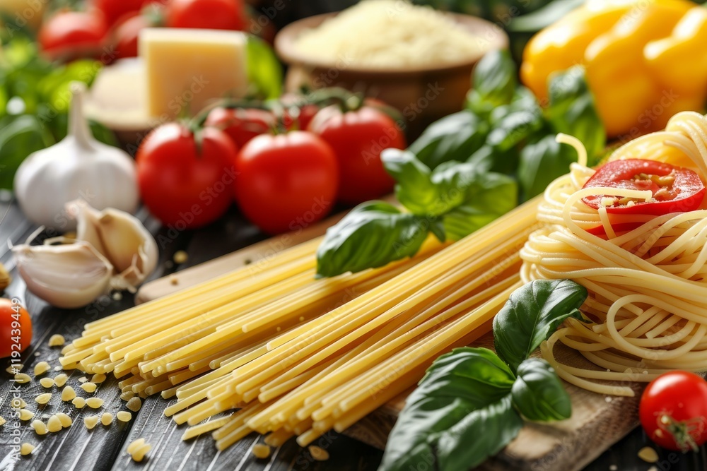 Raw spaghetti, fresh basil leaves, cherry tomatoes, garlic cloves, and grated cheese creating an enticing italian culinary scene Raw spaghetti, fresh basil leaves, cherry tomatoes, garlic cloves, and grated cheese creating an enticing italian culinary scene