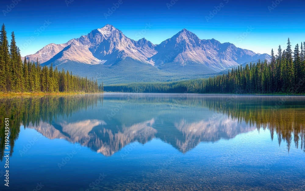 Naklejka premium Serene Mountain Lake Reflection Crystal Clear Waters and Majestic Peaks under a Deep Blue Sky.