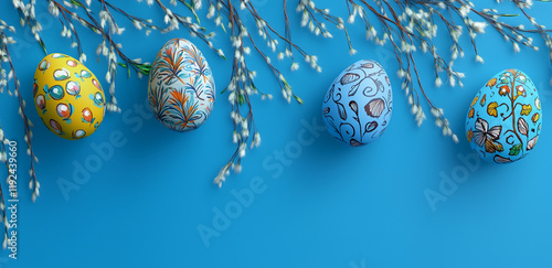 Colorful Easter eggs with decorative patterns and willow branches on a blue background, a flat-lay banner template for holiday advertising design. photo