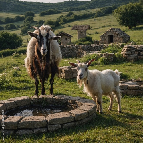 A goat grazing near a stone well in a medieval-themed countryside.