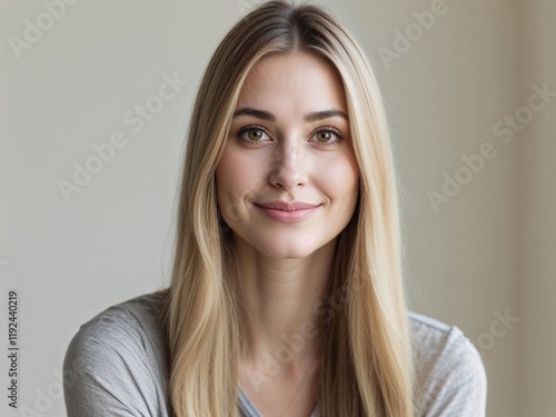 headshot of a beautiful young blonde woman with straight long hair, smiling, clean background