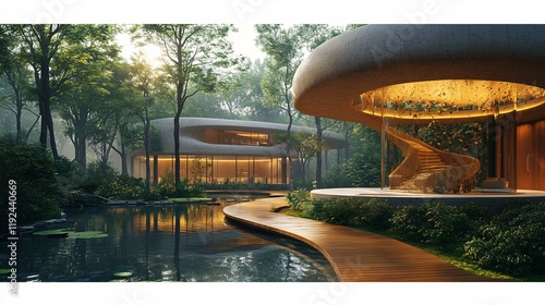 A realistic 3D scene of a contemporary organic library with spiraling walkways, natural materials, and a harmonious integration with the landscape.