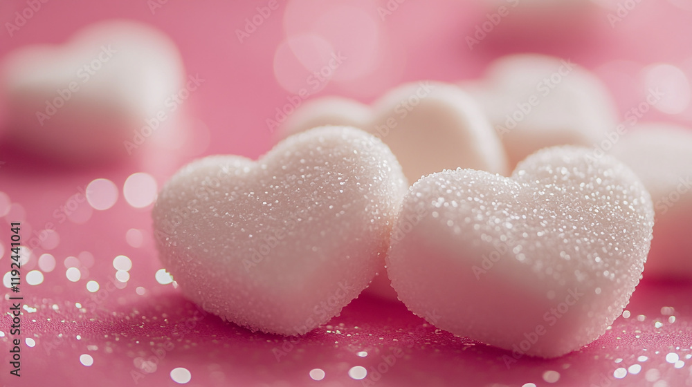 Fototapeta premium Sweet heart-shaped candies on a sparkling pink background for Valentine’s Day celebration