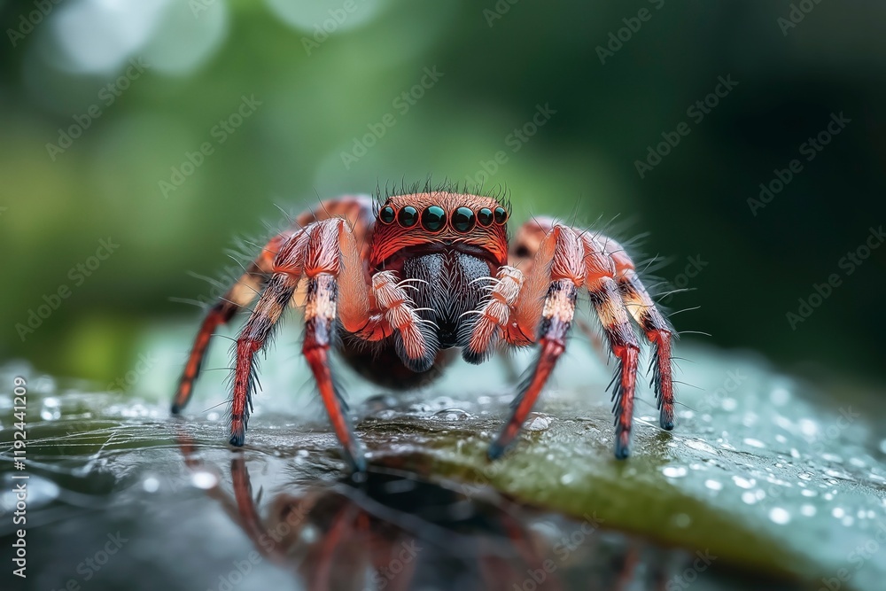 Close-up of a vibrant spider resting on a dew-covered leaf in a lush green environment during the early morning hours. Generative AI Close-up of a vibrant spider resting on a dew-covered leaf in a lush green environment during the early morning hours. Generative AI