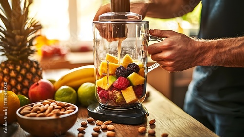 A close-up of a hand placing fresh fruit into a blender, soft morning light illuminating the scene, a rustic wooden countertop with a bowl of nuts and seeds, healthy and energized mood photo