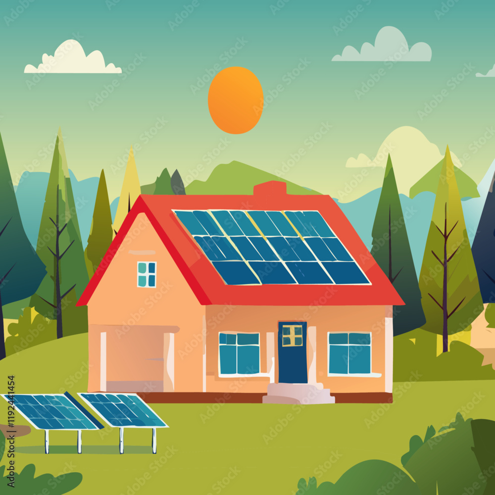solar panels on the roof
on the single-family home future environment vector clip art design illustration