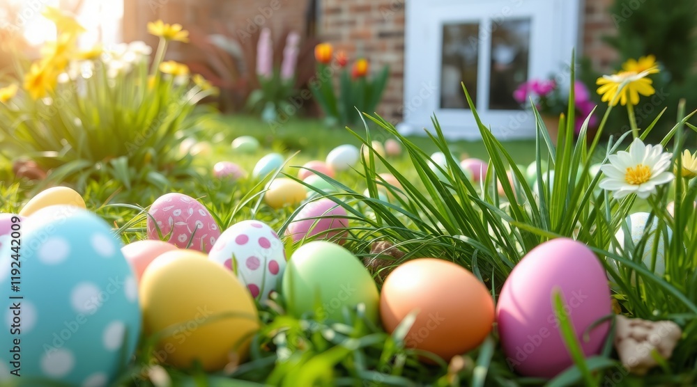 Fototapeta premium Colorful Easter eggs scattered on vibrant grass with flowers and a house in the background