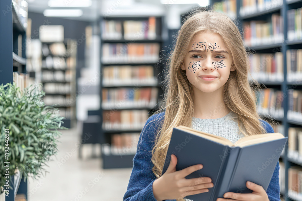 Young girl in library with book and face art with Education struggles teenagers concept Young girl in library with book and face art with Education struggles teenagers concept