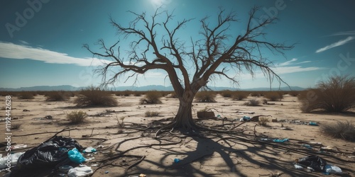 Desert pollution impact a bare tree in a parched landscape under a harsh sun photo