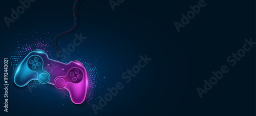 Neon gamepad with wire for video game. Modern joystick with glow and halftone effect for game console. Background for eSports event. Vector illustration. EPS 10