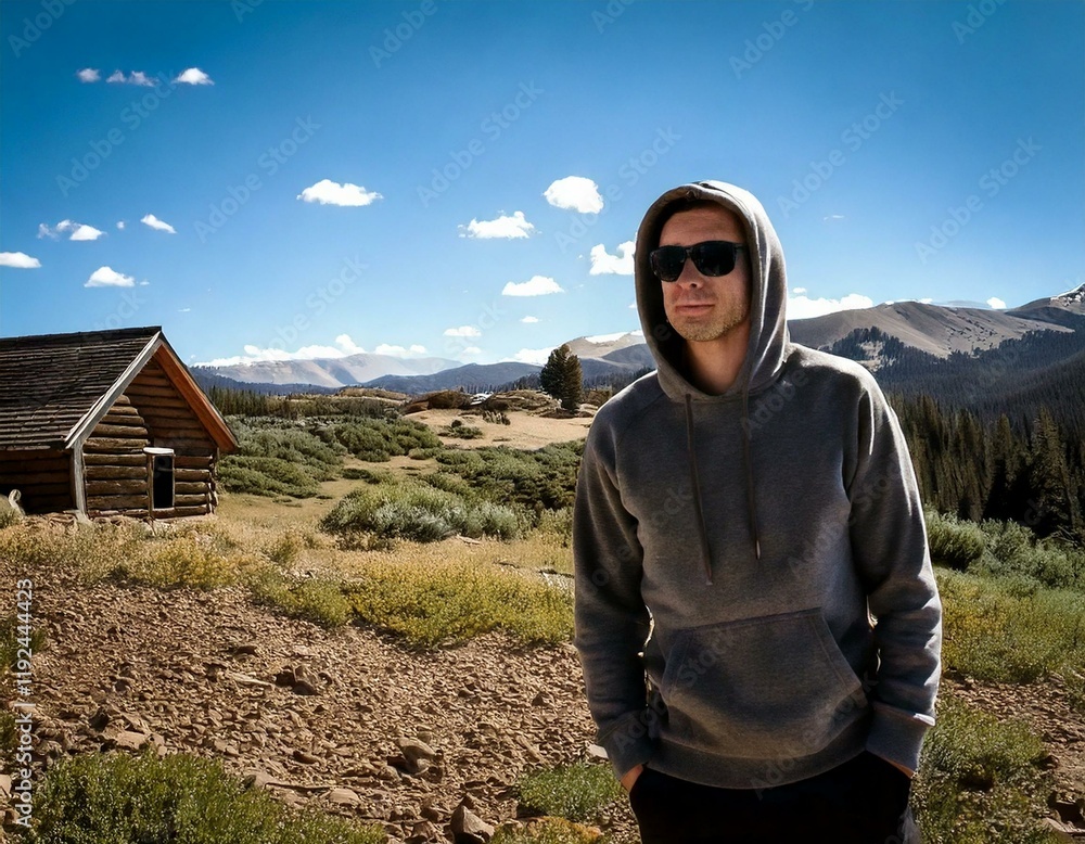Naklejka premium Man in Grey Hooded Sweatshirt and Black Aviators