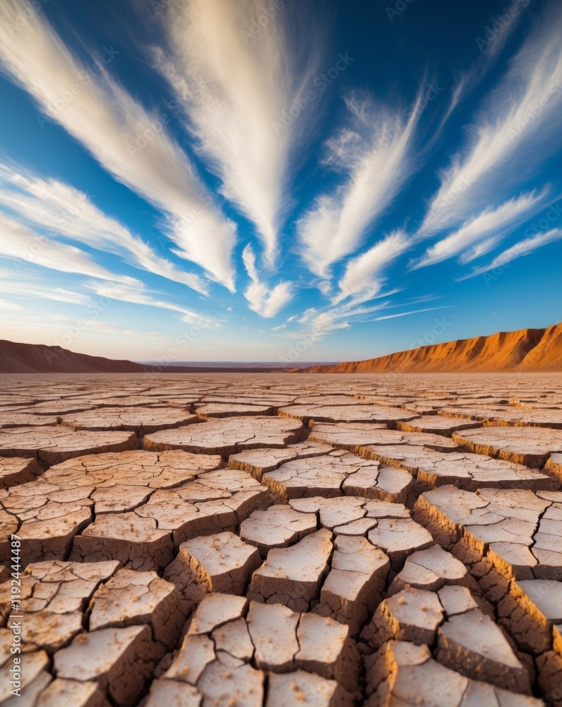 Fototapeta premium Cracked earth under blue sky with white clouds in arid landscape