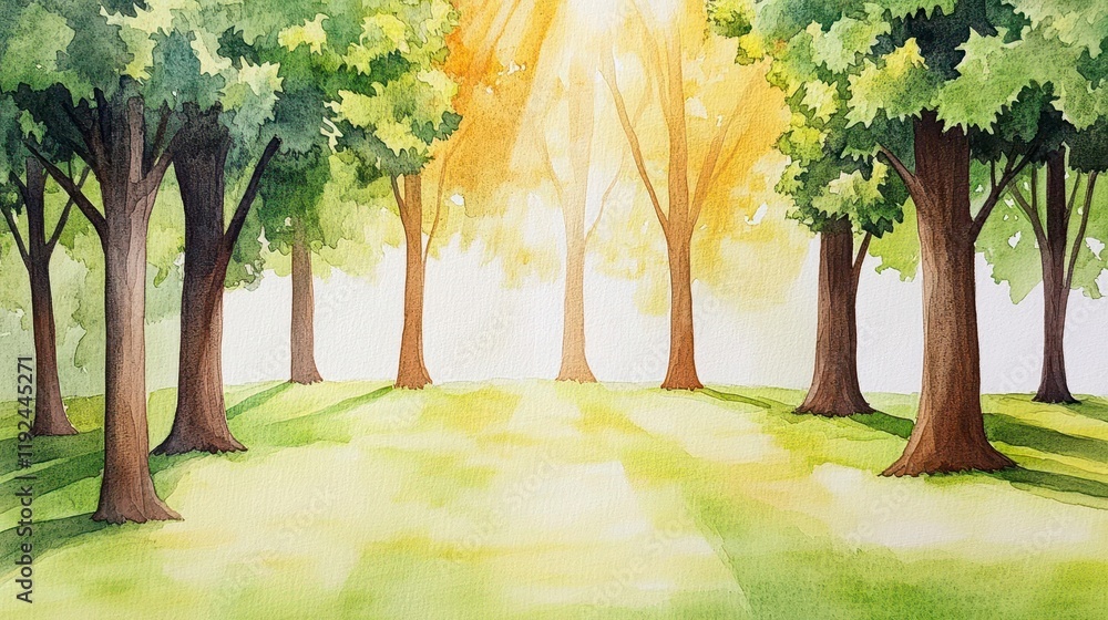 Obraz premium Serene Forest Scene with Sunlight Filtering Through Trees