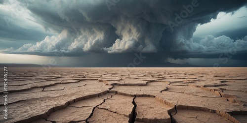 Arid Landscape with Dramatic Storm Clouds and Cracked Soil photo