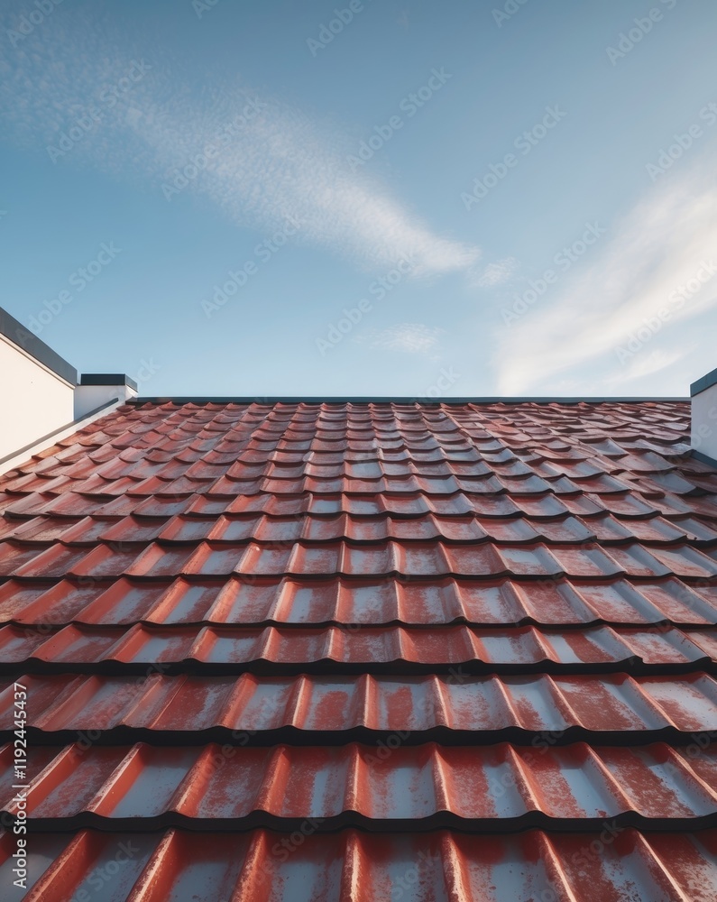 Fototapeta premium Dark red metal roof tiles create a striking aesthetic for a residential building