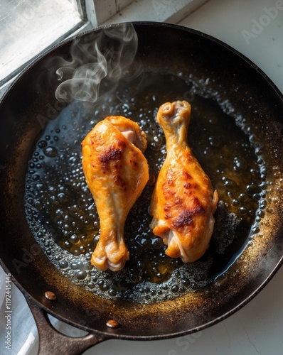 Overhead view of crispy golden chicken drumsticks frying in bubbling oil with natural lighting photo