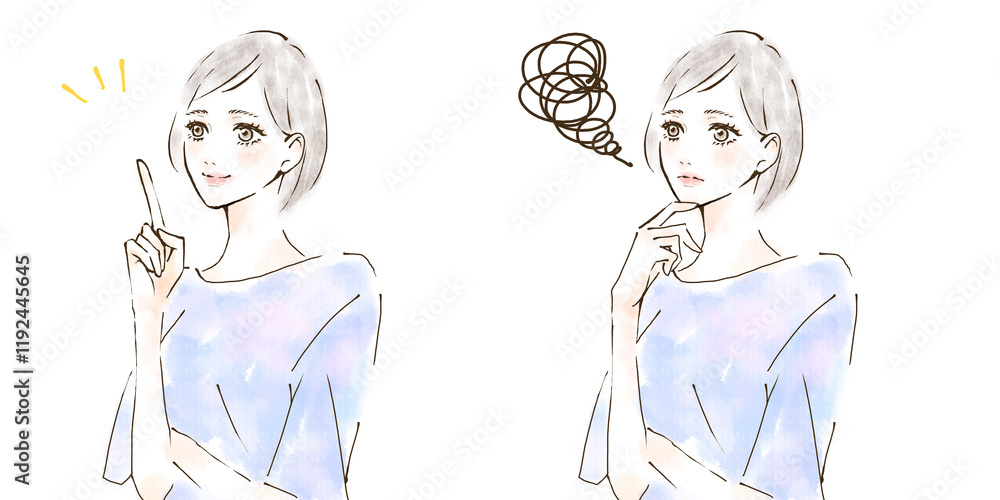 ひらめく表情と悩む女性のイラストセット ブルー