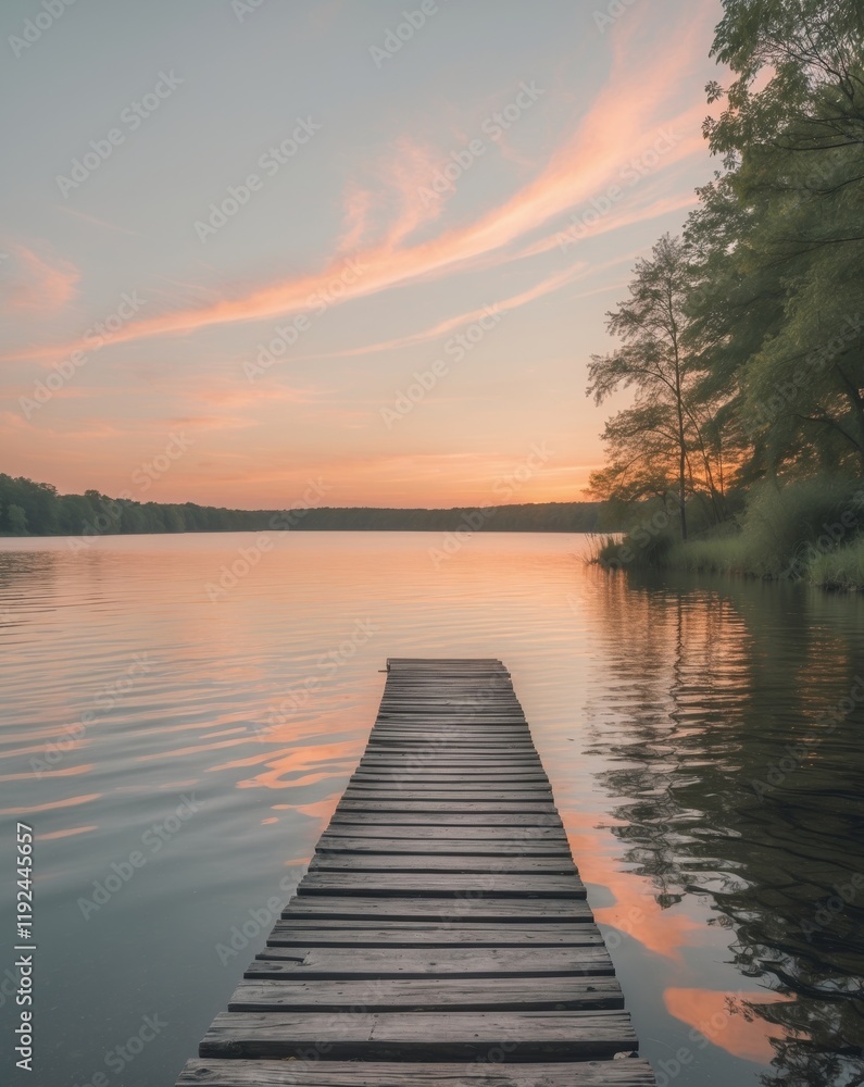 Fototapeta premium Serene lakeside with wooden dock extending into calm water at sunset