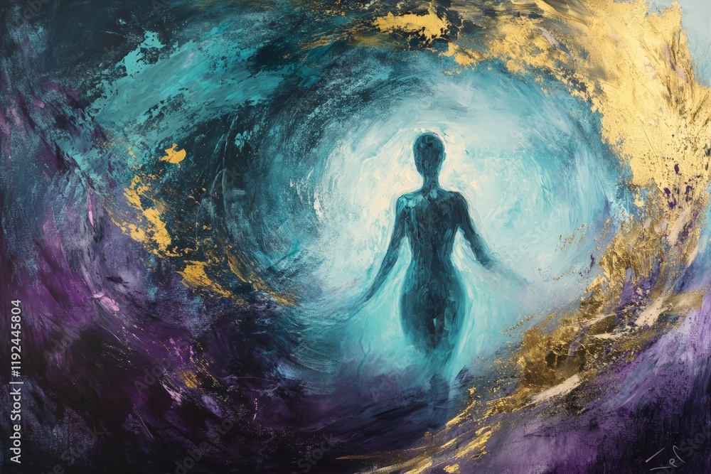 Abstract art depicting a silhouette of a figure surrounded by vibrant swirling colors, representing themes of spirituality, transformation, and personal growth in a dreamlike landscape. Abstract art depicting a silhouette of a figure surrounded by vibrant swirling colors, representing themes of spirituality, transformation, and personal growth in a dreamlike landscape.