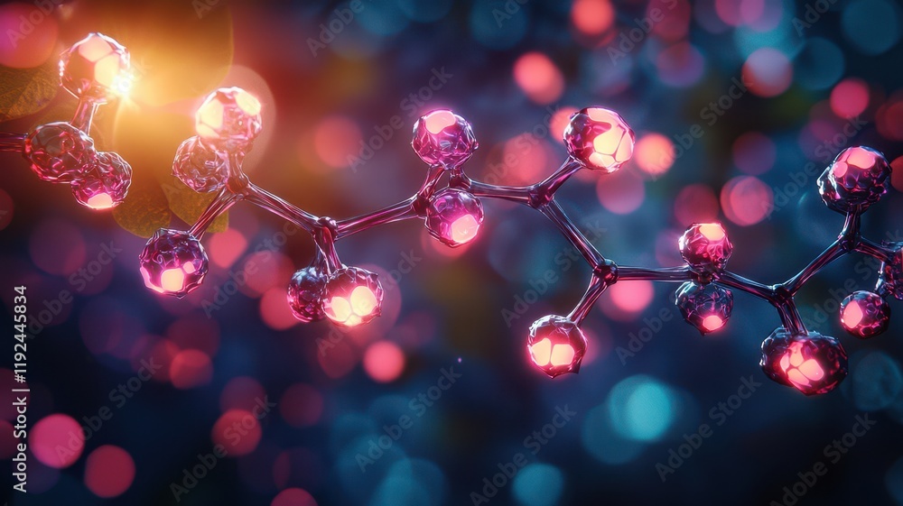 A vibrant abstract representation of molecular structures, illuminated by colorful lights, creating a captivating and dynamic visual effect. A vibrant abstract representation of molecular structures, illuminated by colorful lights, creating a captivating and dynamic visual effect.