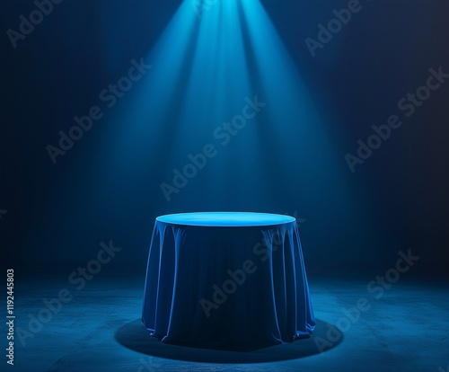 Minimalist blue table highlighted by neon in a dark room.