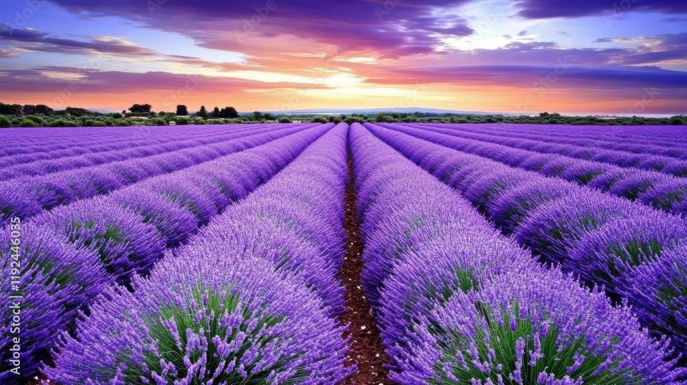 Obraz premium Breathtaking lavender fields at sunset create a tranquil atmosphere in a vibrant landscape of purple blossoms