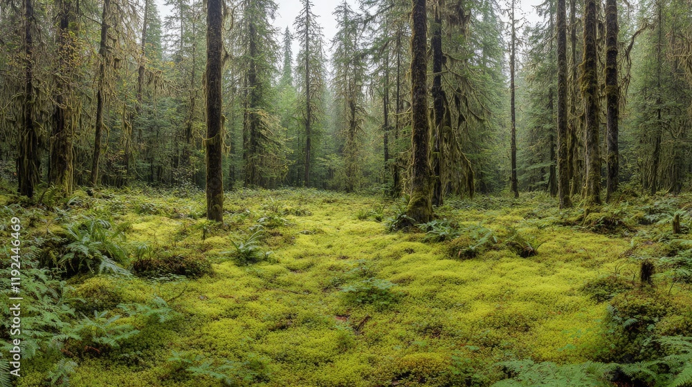 Obraz premium Moss-covered forest floor under a canopy of foggy trees.