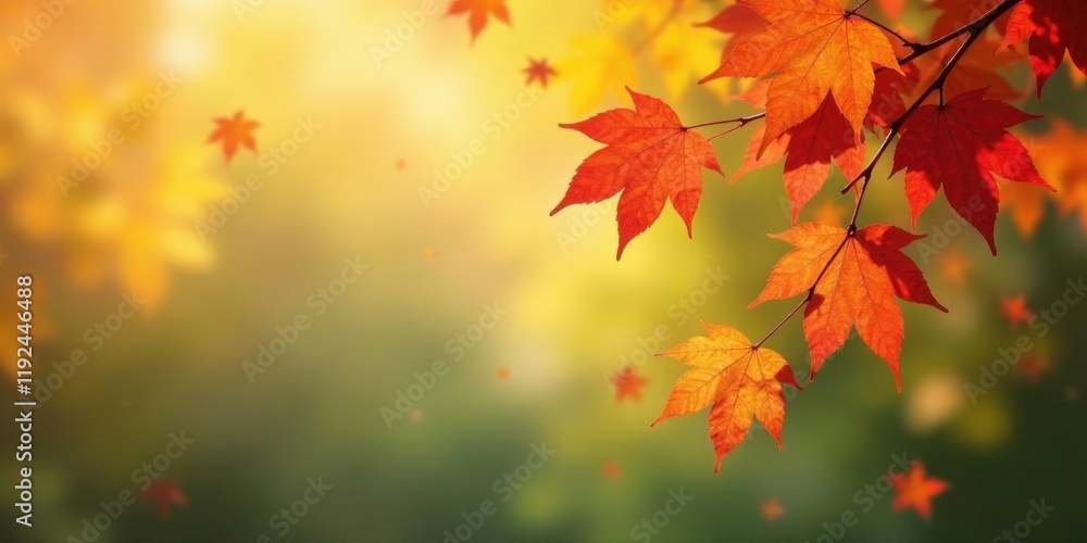 Autumnal Branch with Vibrant Red and Gold Leaves Gently Falling Against a Softly Blurred Background Autumnal Branch with Vibrant Red and Gold Leaves Gently Falling Against a Softly Blurred Background