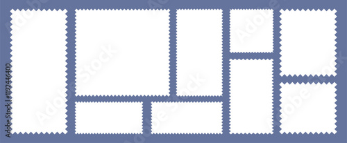 Postage stamp borders set vector. Set of frames in shape of squares and rectangles of various sizes with zigzag smooth edges. White blank forms for writing text, notes, photos. Templates for design. 