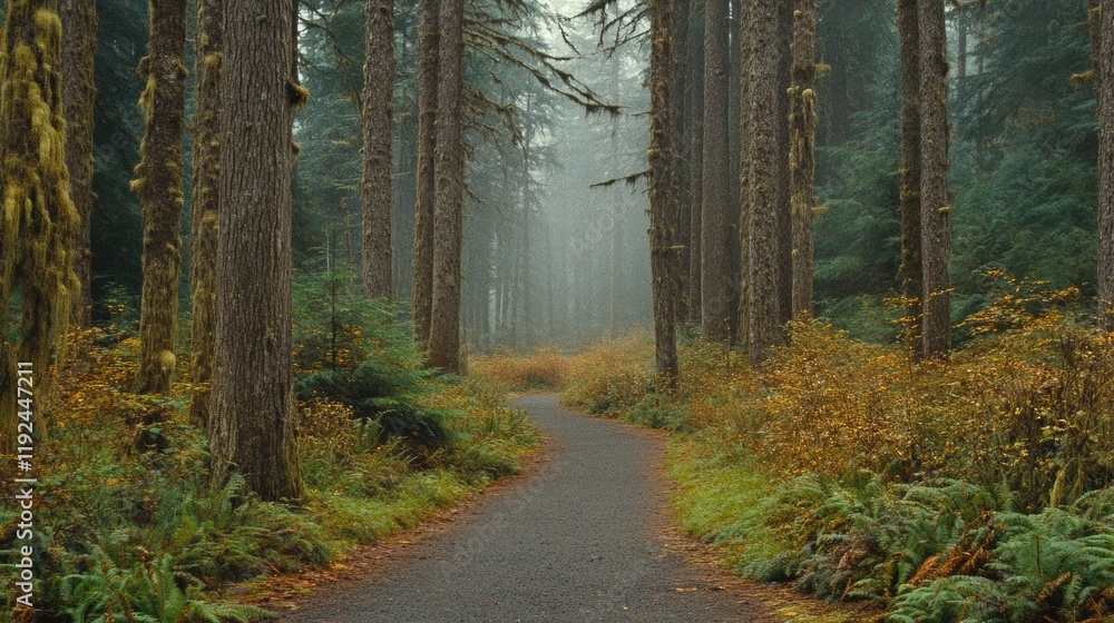 Pathway through a dense forest with mist hanging in the air. Pathway through a dense forest with mist hanging in the air.