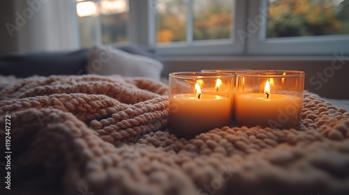 Cozy Autumn Evening: Three Candles Glow on a Knit Blanket photo