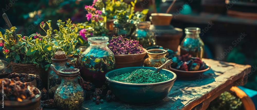 Fototapeta premium Colorful display of aromatic herbs and spices in a vibrant market setting