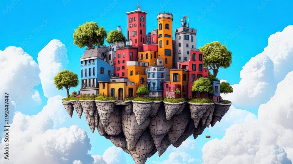 Naklejka premium Colorful Floating Cityscape Surrounded by Clouds and Sky