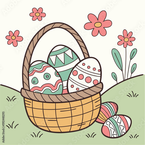 easter basket with eggs and flowers