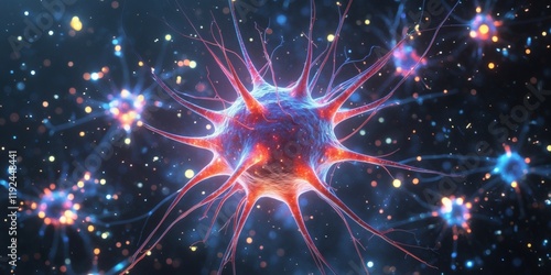 Wallpaper Mural Vibrant neural cell surrounded by particles a cinematic exploration of depth and creativity Torontodigital.ca